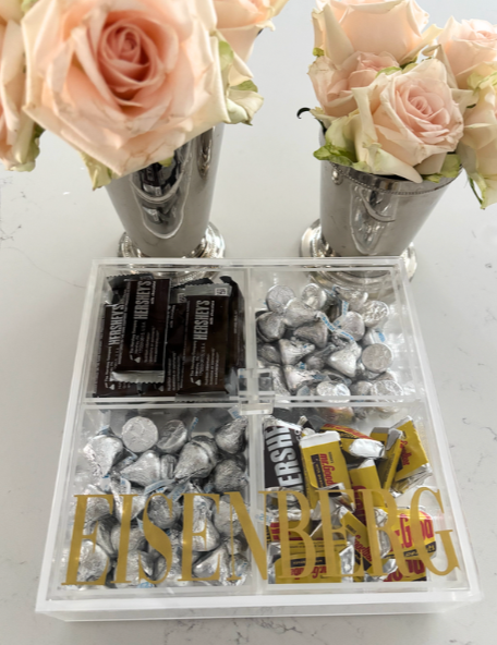 Personalized 4 section clear acrylic serving tray, sold with the candy , sections are removable