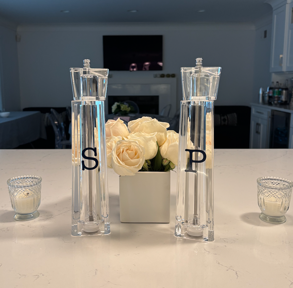 Personalized acrylic 12" salt and pepper shakers- blue - sold as set