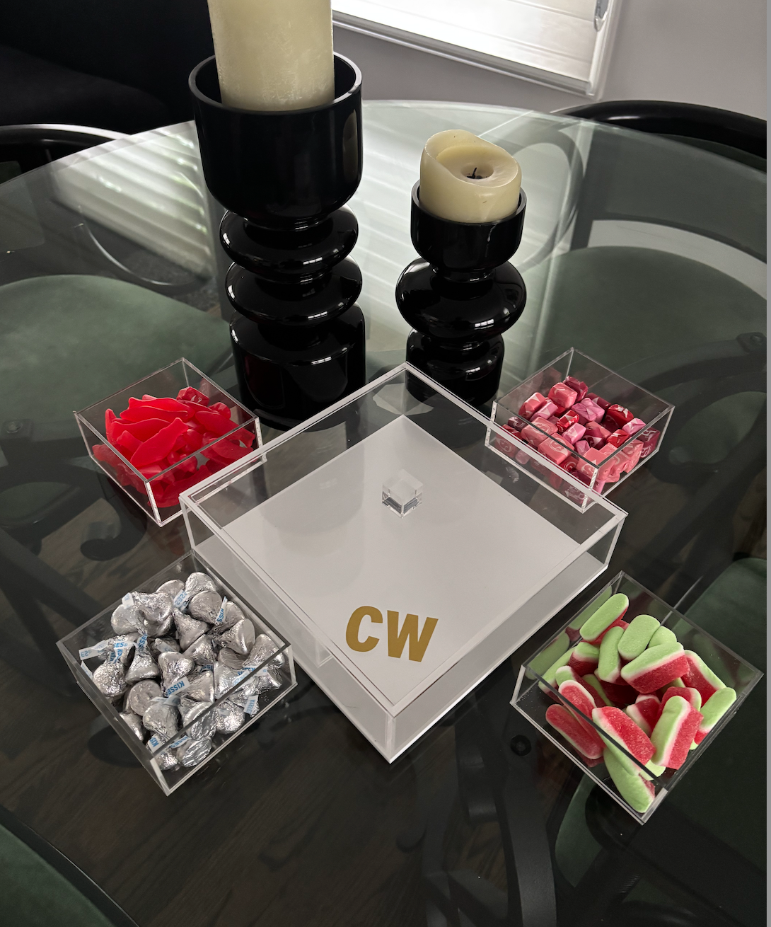 Personalized 4 section clear acrylic serving tray, sold with the candy , sections are removable