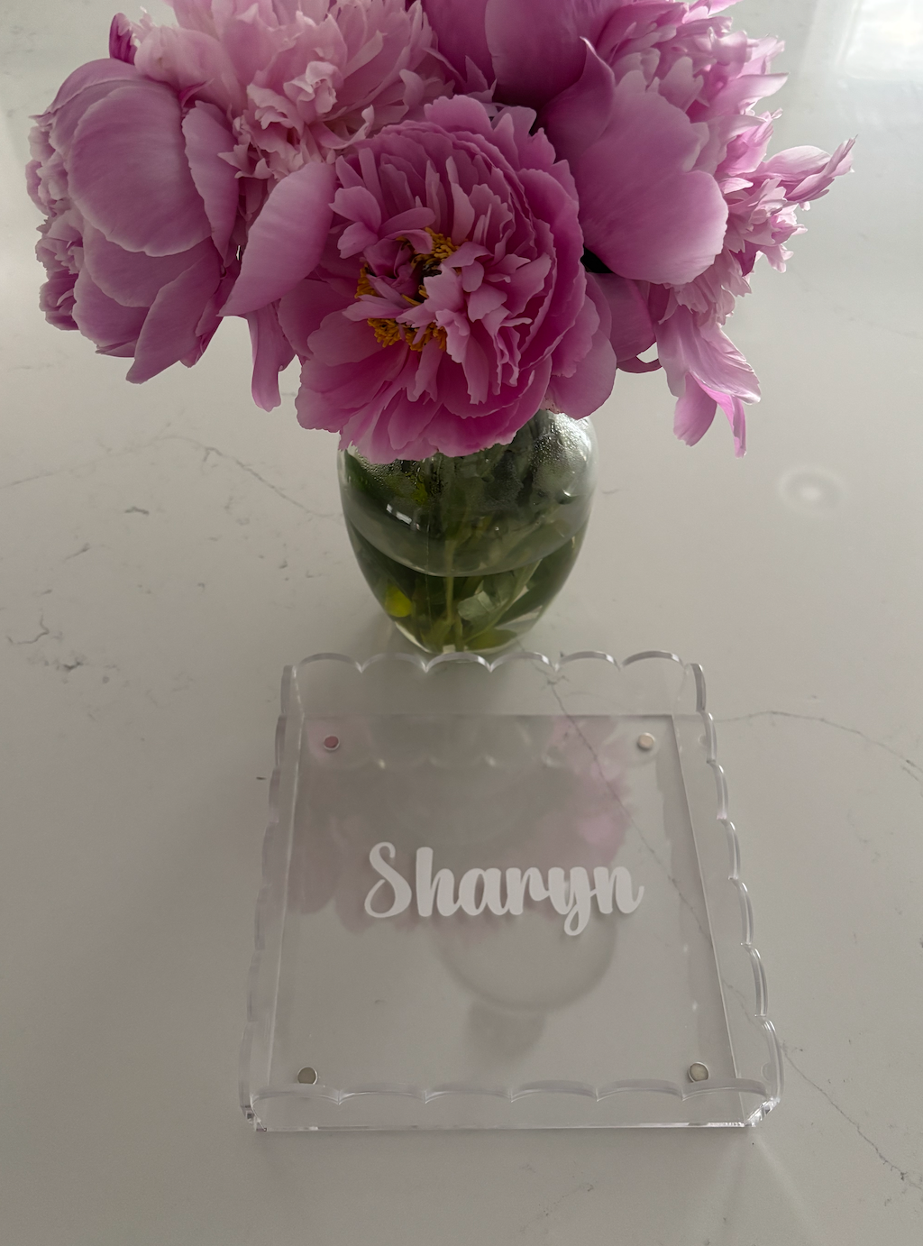 Personalized 8” x 8” clear acrylic scalloped edge tray with magnetic mat which is perfect for photos
