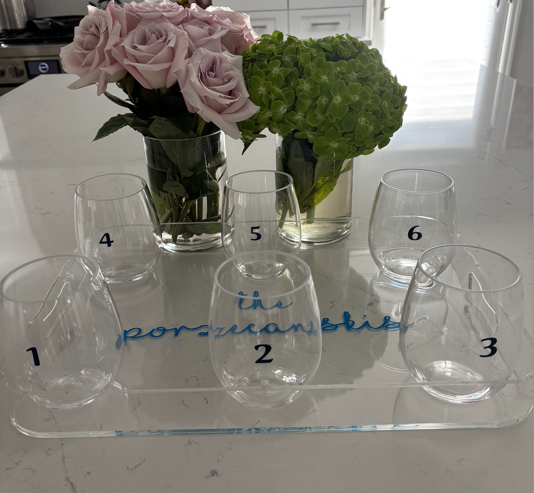 Personalized 11" x 14" rounded edge acrylic tray with vinyl with 6 acrylic stemless wine glasses