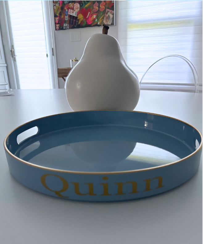 Pesonalized 13" opaque light blue round tray with your name on the side