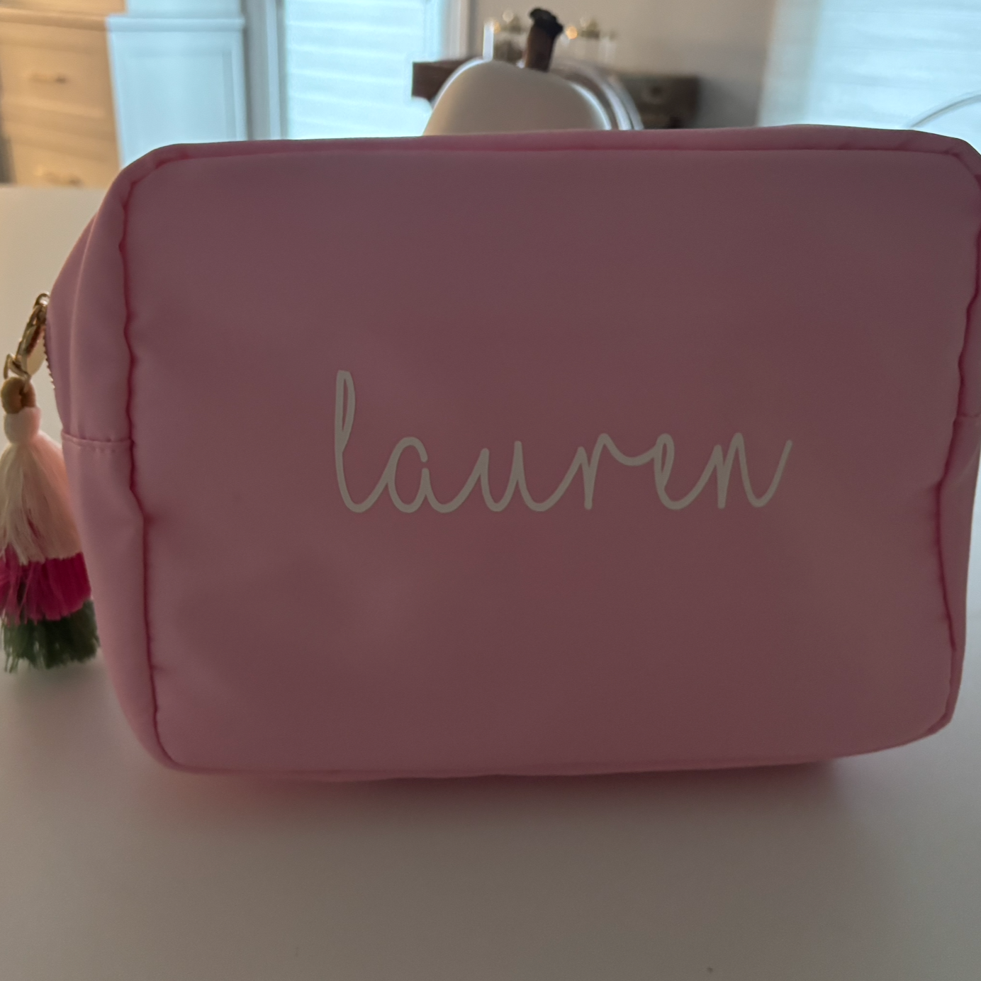 Personalized pale pink nylon makeup bag with your name