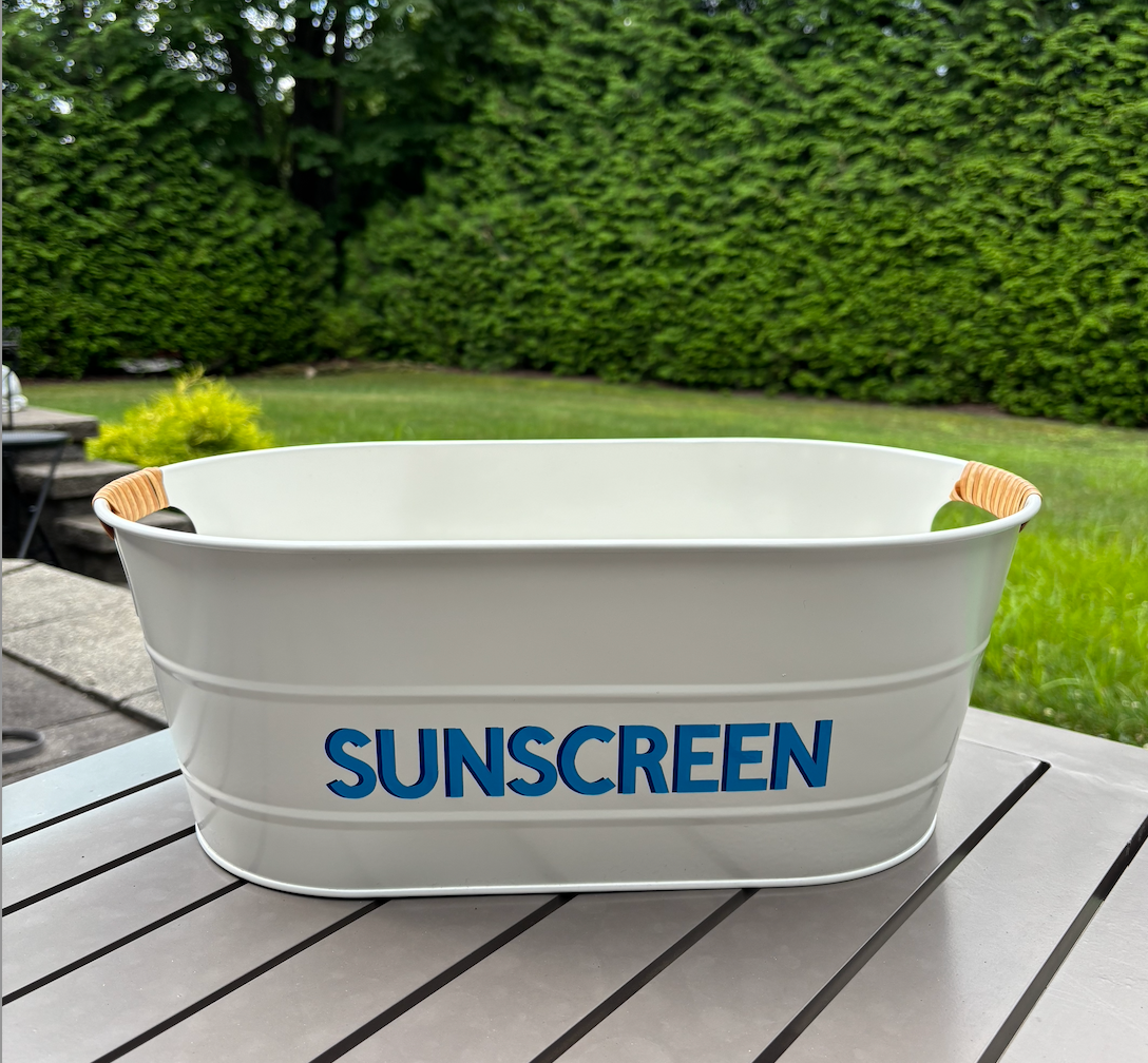 16" white galvanized tin with rattan handles- SUNSCREEN
