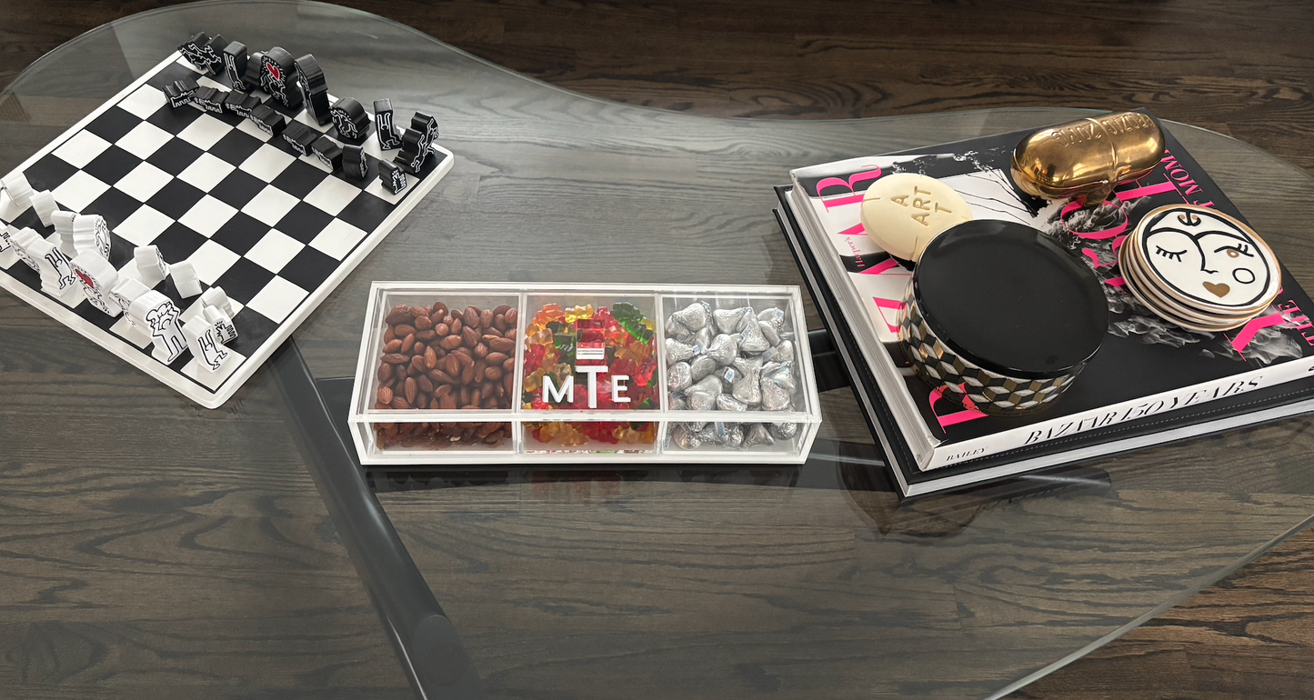 Personalized 3 section clear acrylic serving tray, sold with the candy , sections are removable