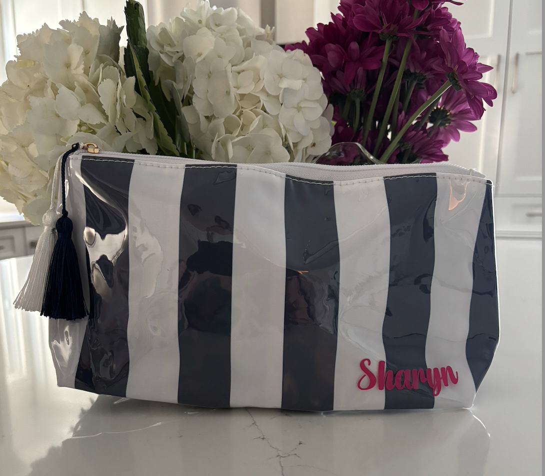 Personalized coated travel makeup bag with tassel closure- blue/ white