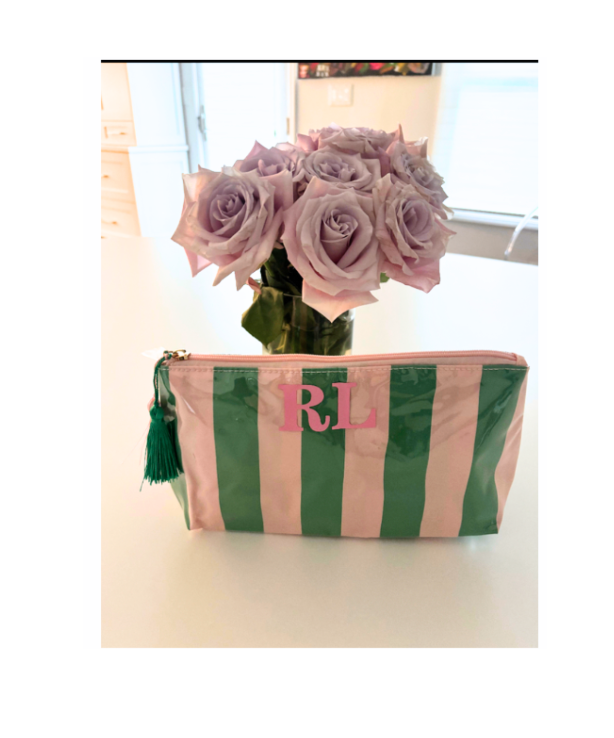 Personalized coated travel makeup bag with tassel closure- pink/ green