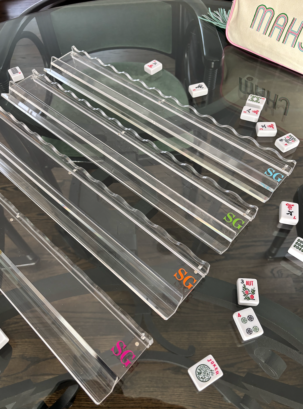 Personalized clear acrylic 20" scalloped edge mahjong racks- set of 4