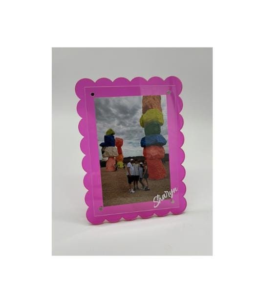Personalized 7" pink scalloped edge acrylic magnetic frame