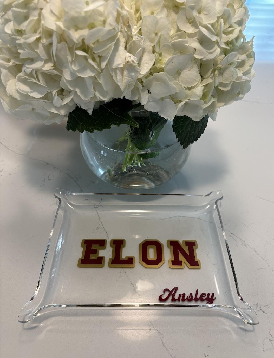 Personalized 6" x 8" acrylic Pinch Tray with your college in bold permanent vinyl and your name