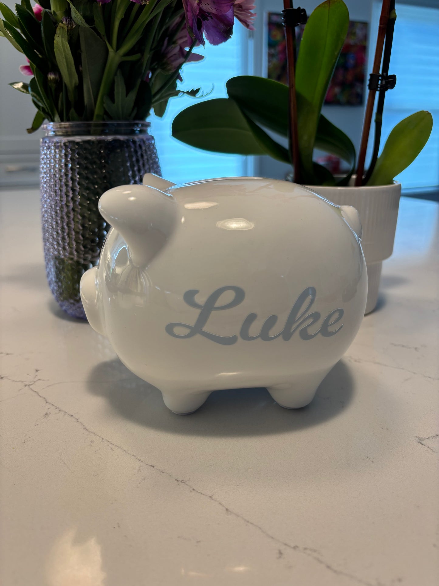 Personalized white ceramic piggy bank 6" x 4.5" x 5"