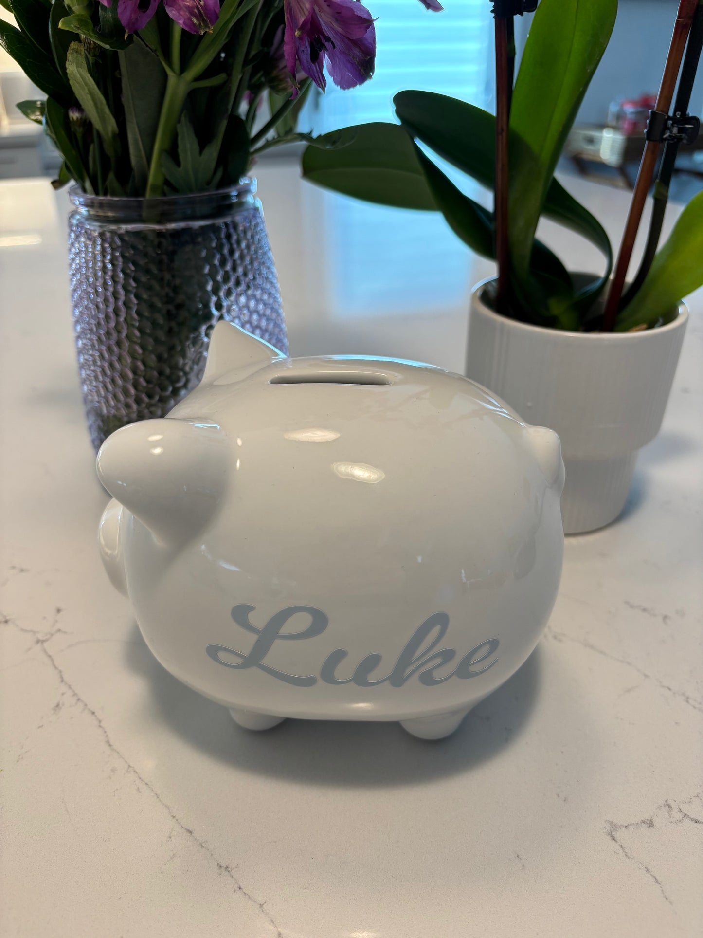 Personalized white ceramic piggy bank 6" x 4.5" x 5"