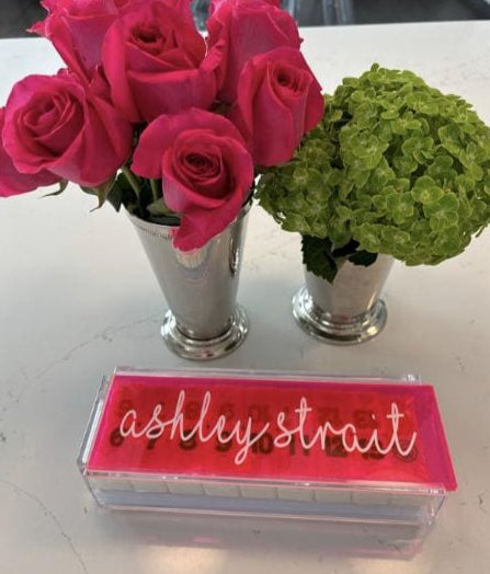 Personalized acrylic rummikub set - transparent hot pink