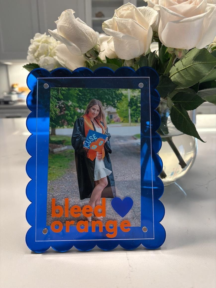 Personalized 7" blue scalloped edge acrylic BLEED ORANGE magnetic frame