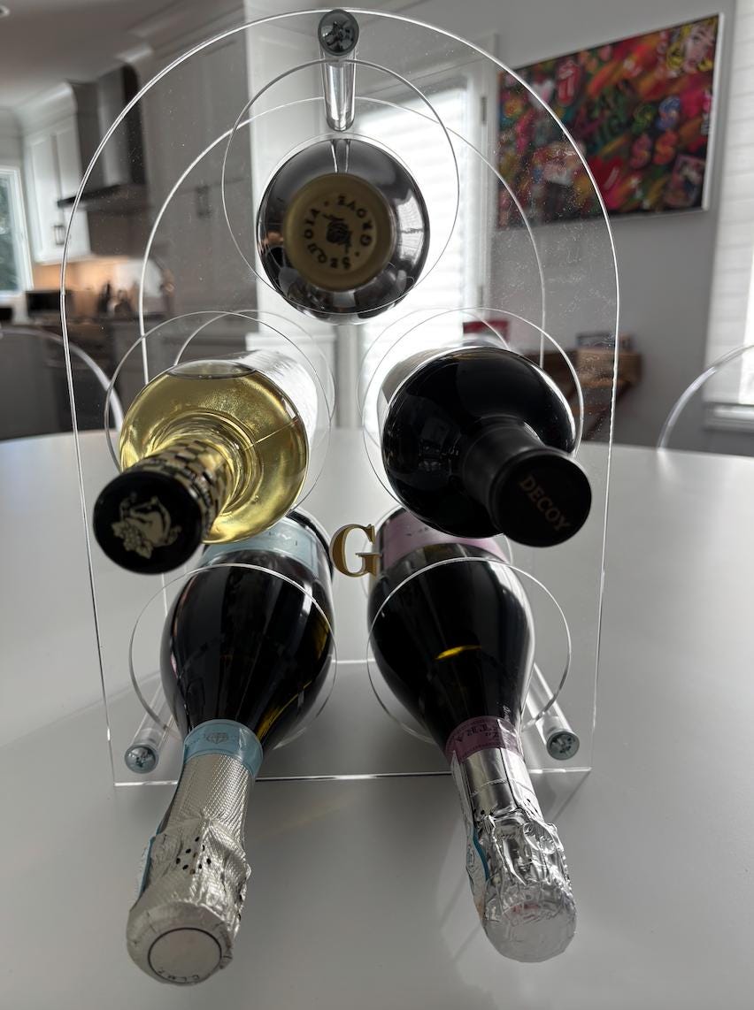 Personalized clear acrylic 5 bottle wine stand
