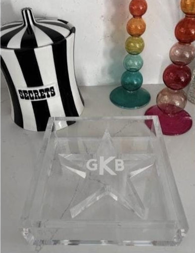 Personalized 6"x 6" acrylic napkin holder with classic monogram acrylic star weight