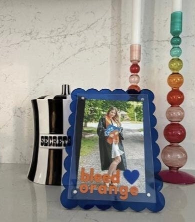 Personalized 7" blue scalloped edge acrylic BLEED ORANGE magnetic frame