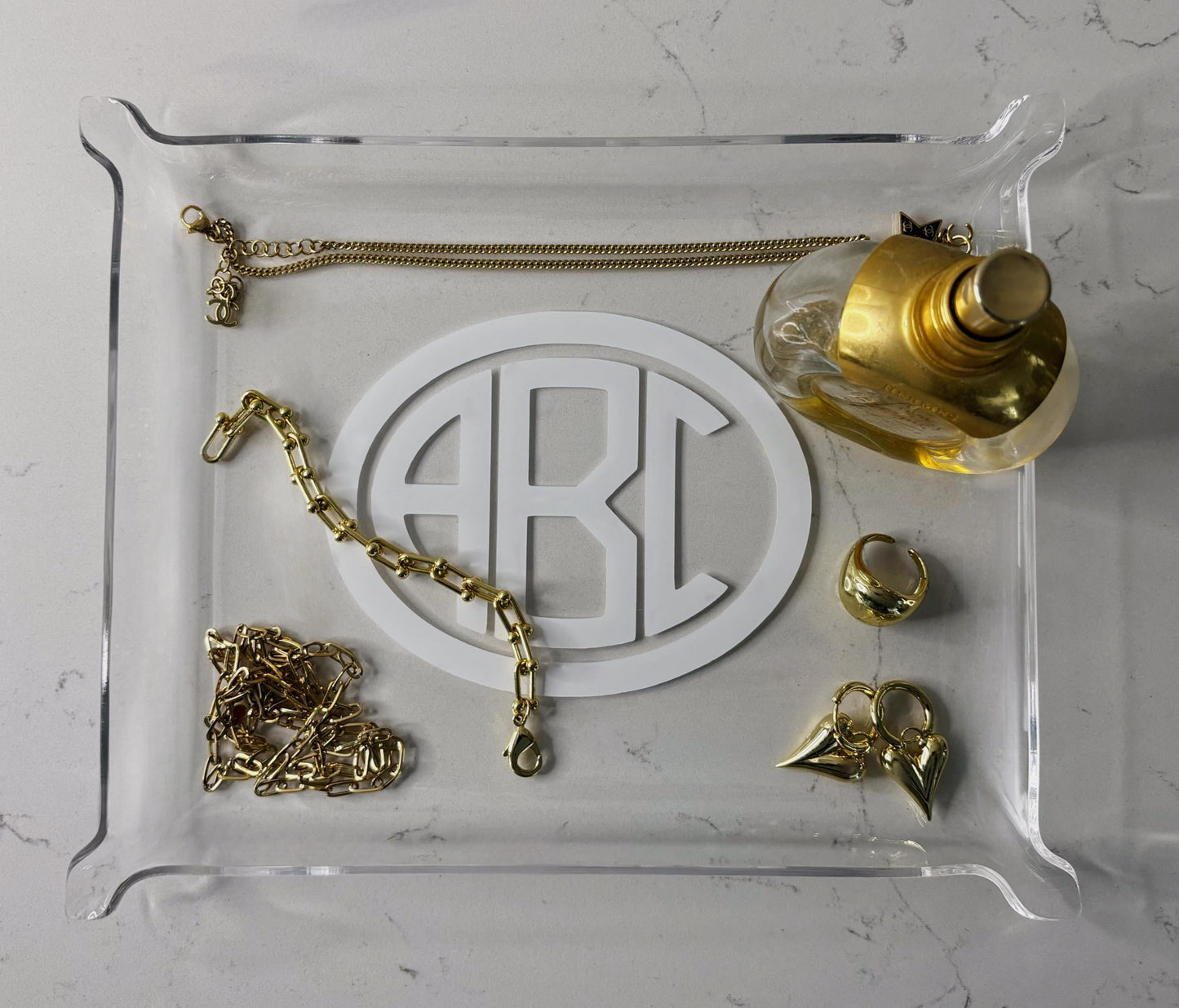 Personalized classic 6" x 8" 3 letter large monogrammed clear acrylic Pinch Tray