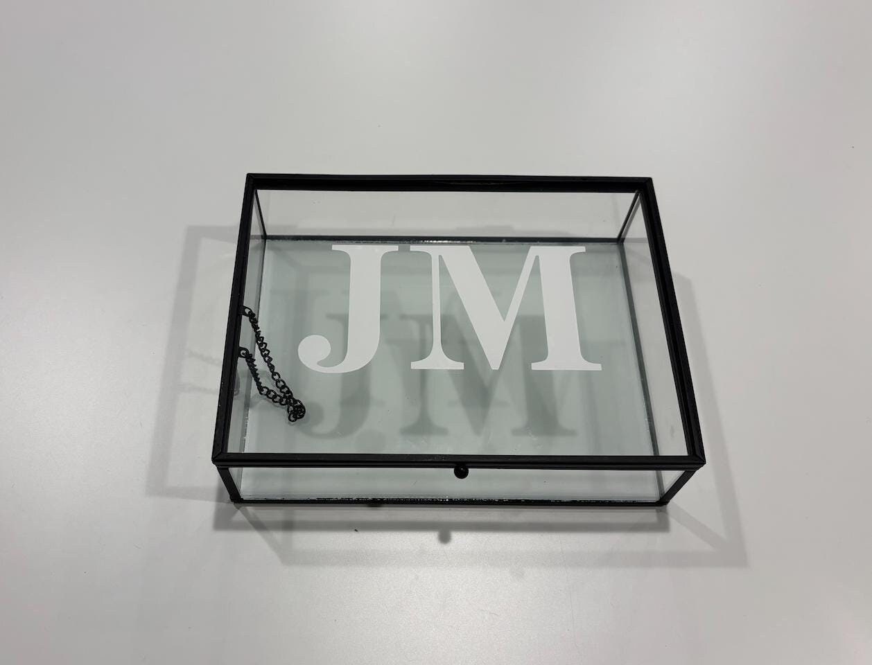 personalized 6" x 7.5" glass box with dark hematite metal frame- initials