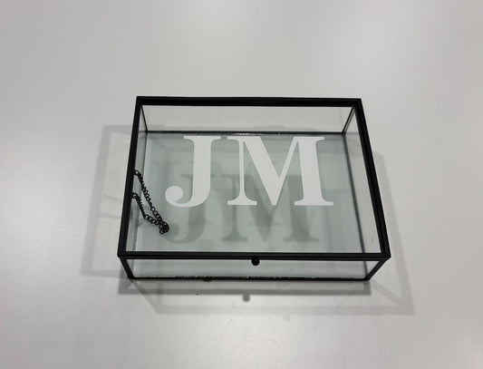 personalized 6" x 7.5" glass box with dark hematite metal frame- initials