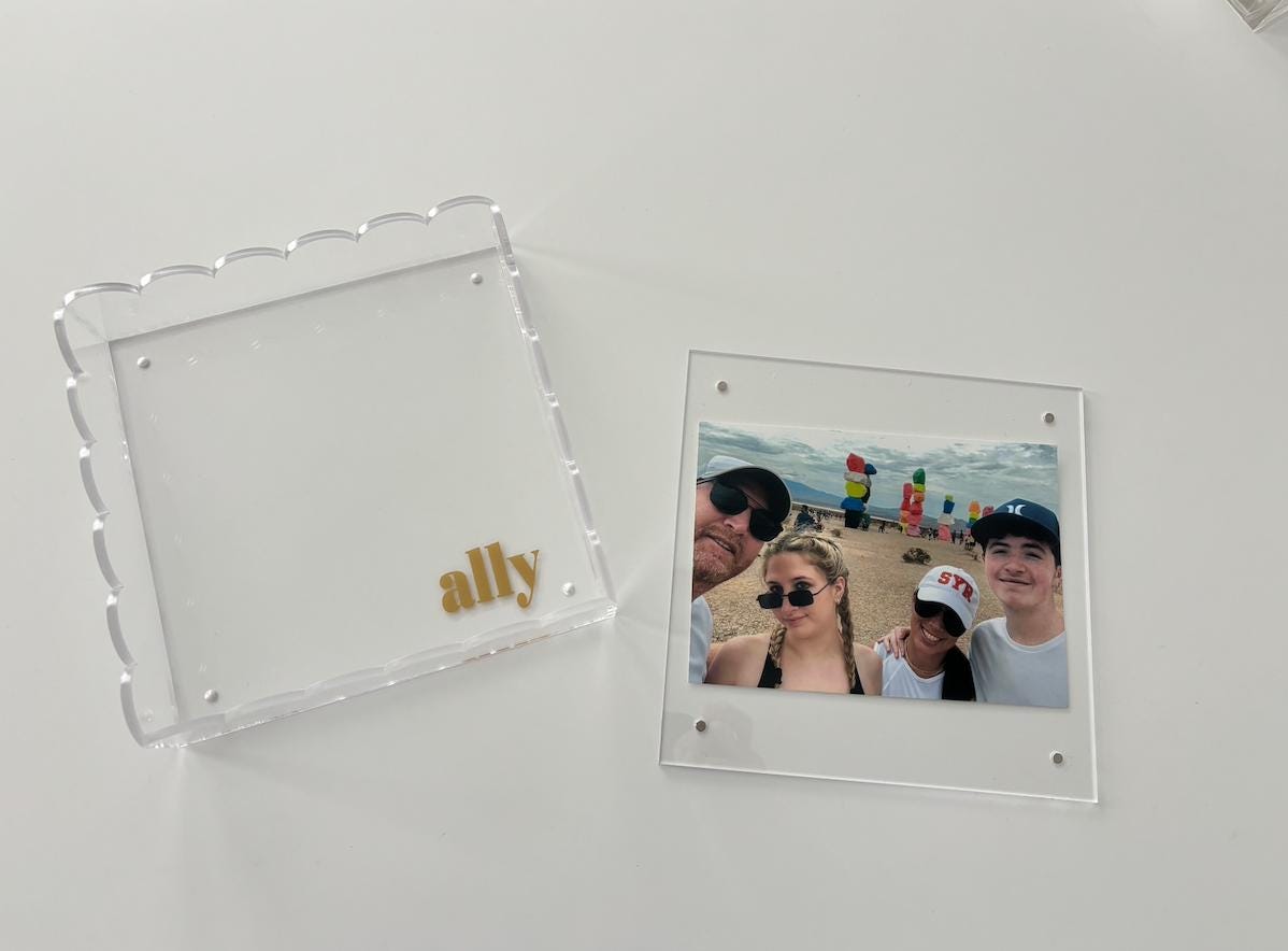 personalized 8" x 8" acrylic scalloped edge tray with magnetic mat which is perfect for photos