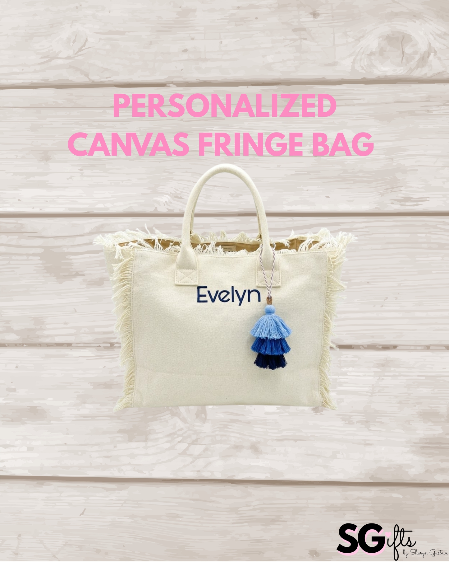 Personalized  ivory canvas fringe tote bag 20" x 12" x 8" (Copy)