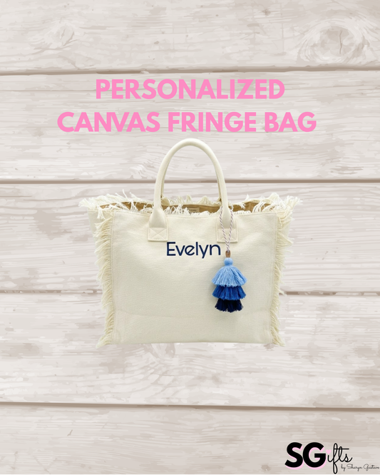 Personalized  ivory canvas fringe tote bag 20" x 12" x 8" (Copy)