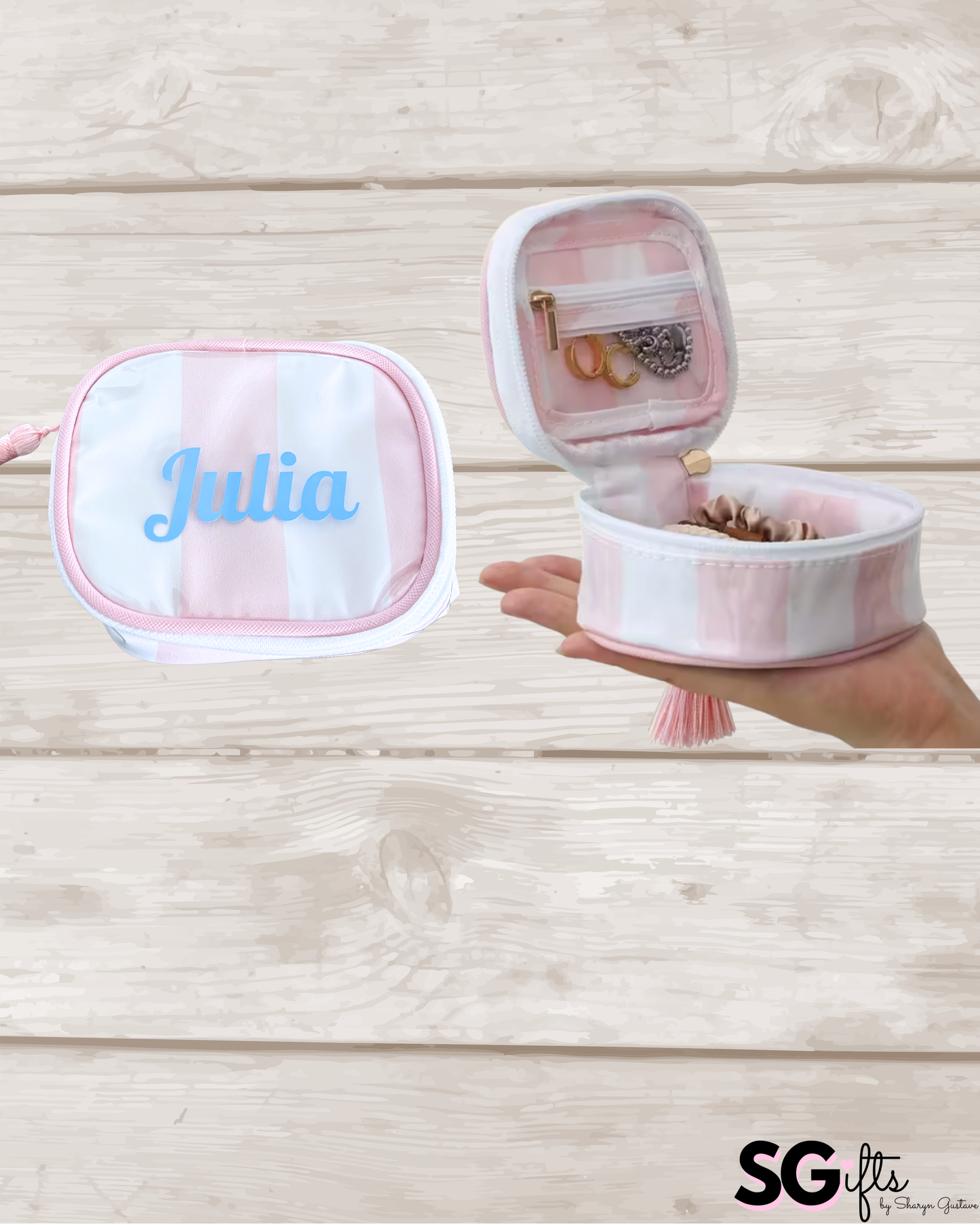Personalized coated travel jewelry bag with tassel closure- pale pink / white