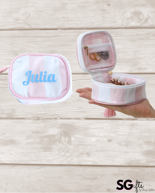 Personalized coated travel jewelry bag with tassel closure- pale pink / white