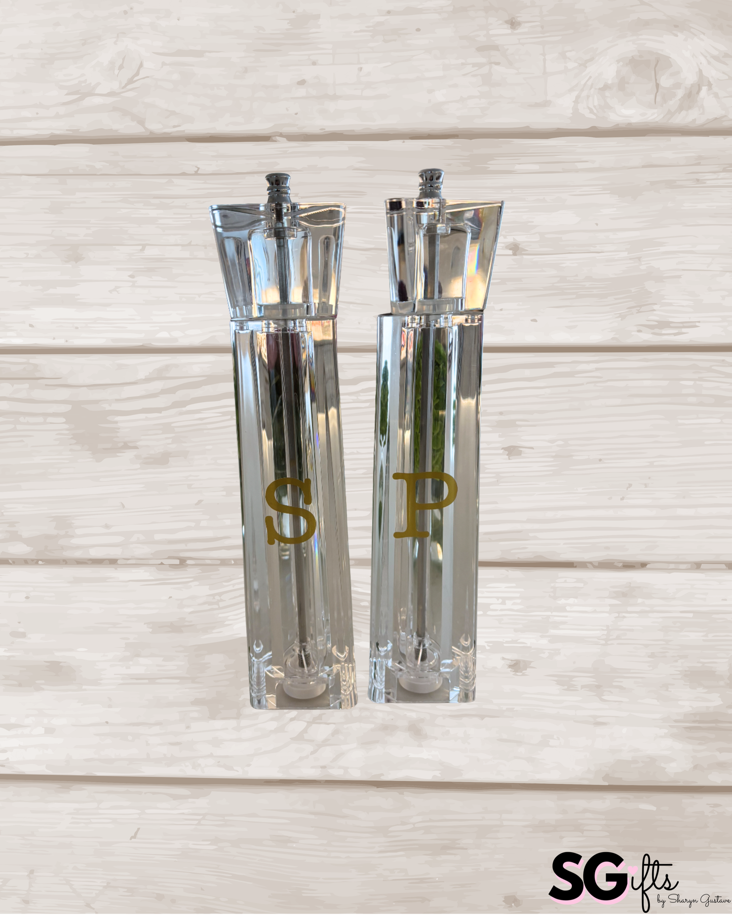 Personalized acrylic 12" salt and pepper shakers- gold - sold as set