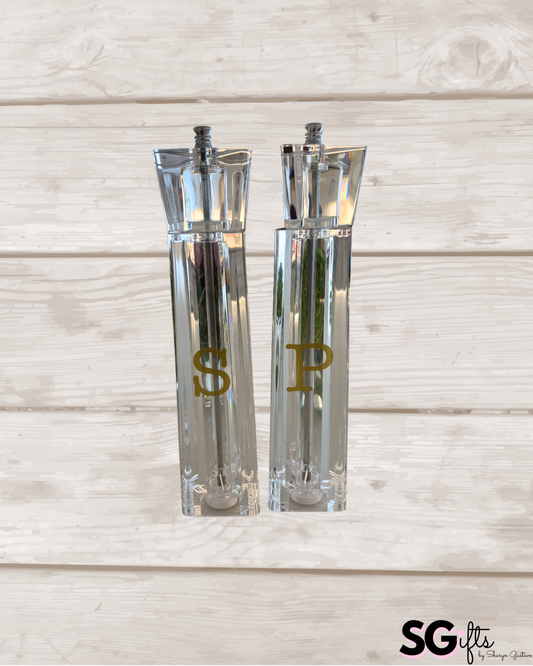 Personalized acrylic 12" salt and pepper shakers- gold - sold as set
