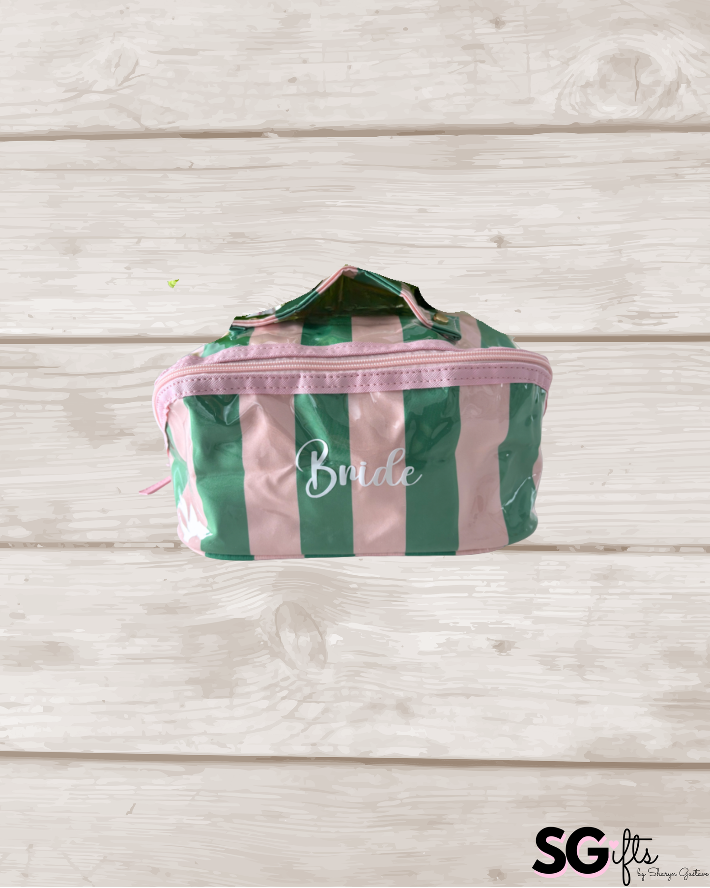 Personalized coated travel makeup bag with 3 compartments - pale pink/ green - large