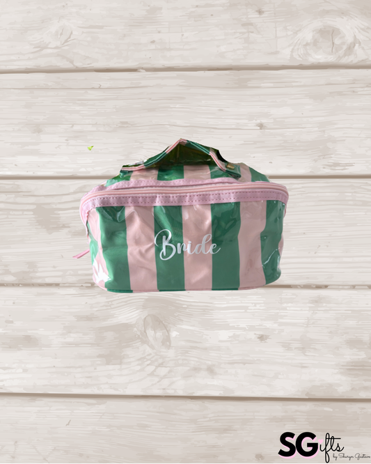 Personalized coated travel makeup bag with 3 compartments - pale pink/ green - large