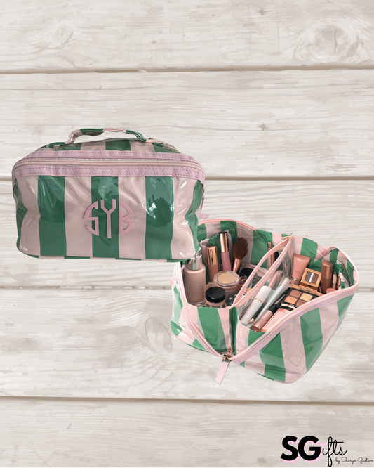 Personalized coated travel makeup bag with 3 compartments -pale pink/ green