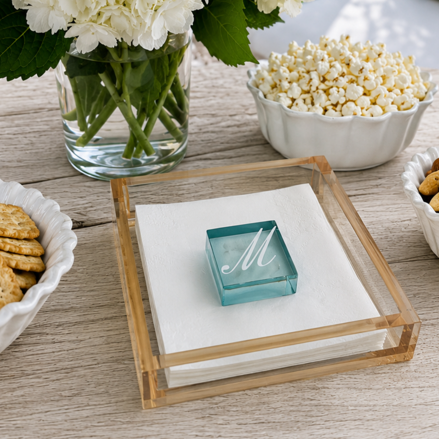 Personalized Acrylic 7.5" x 7.5" luncheon napkin holder with square weight- bar decor amber/teal