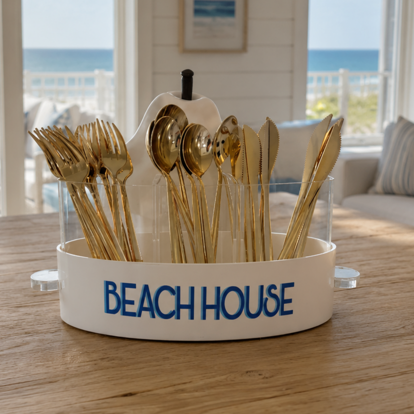 Personalized white and clear acrylic silverware caddy with 3 removable sections