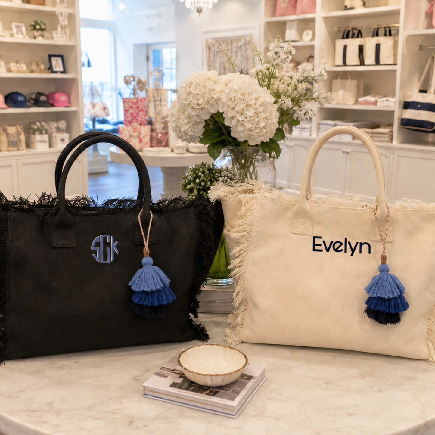 Personalized canvas fringe tote bag 20" x 12" x 8"- 2 colors available