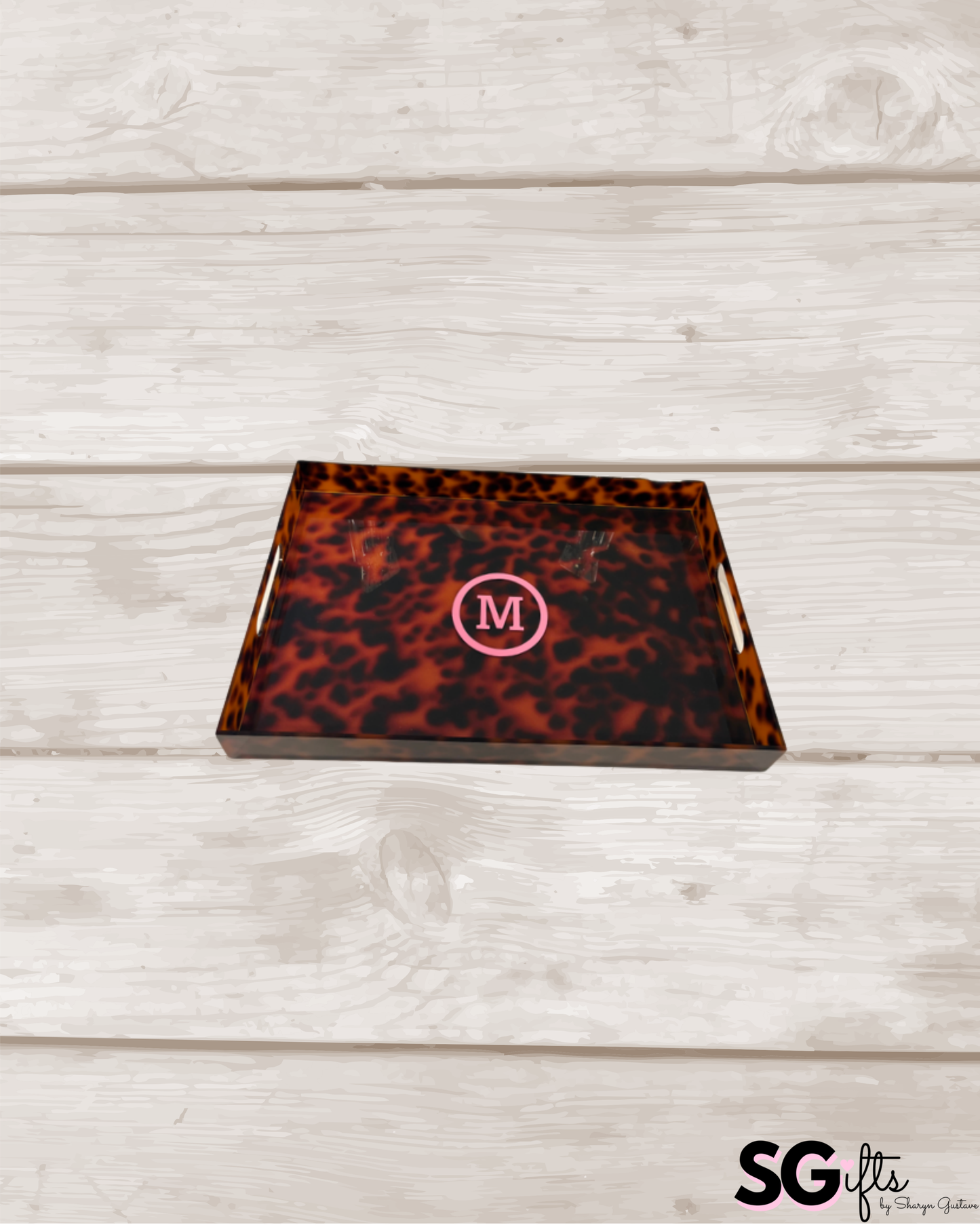 Personalized 18” x 12” acrylic tortoise tray - circle monogram