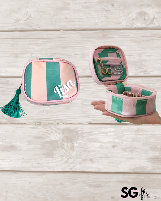 Personalized coated travel jewelry bag with tassel closure- pale pink / green