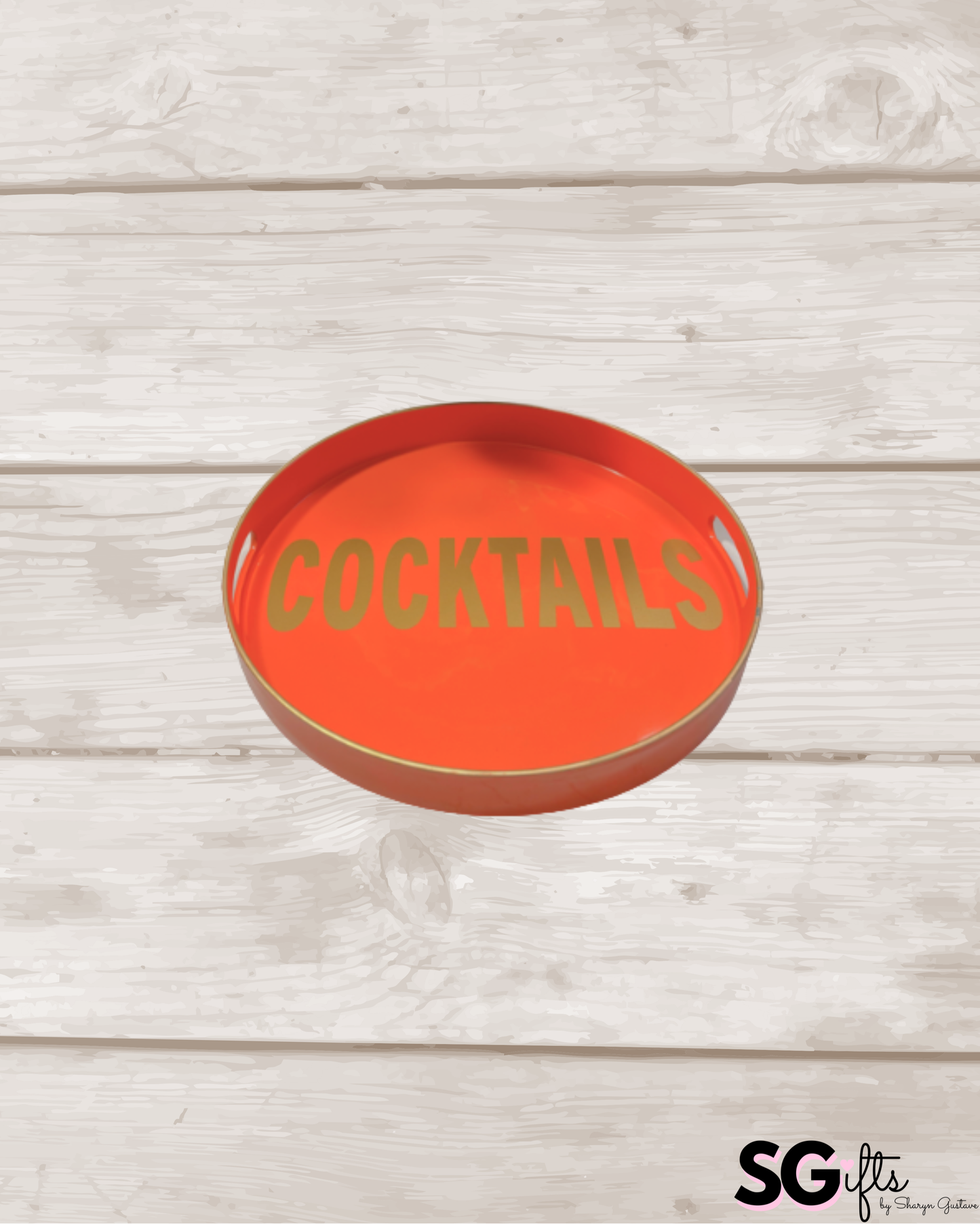 Personalized 13" opaque orange round tray with COCKTAILS in the center