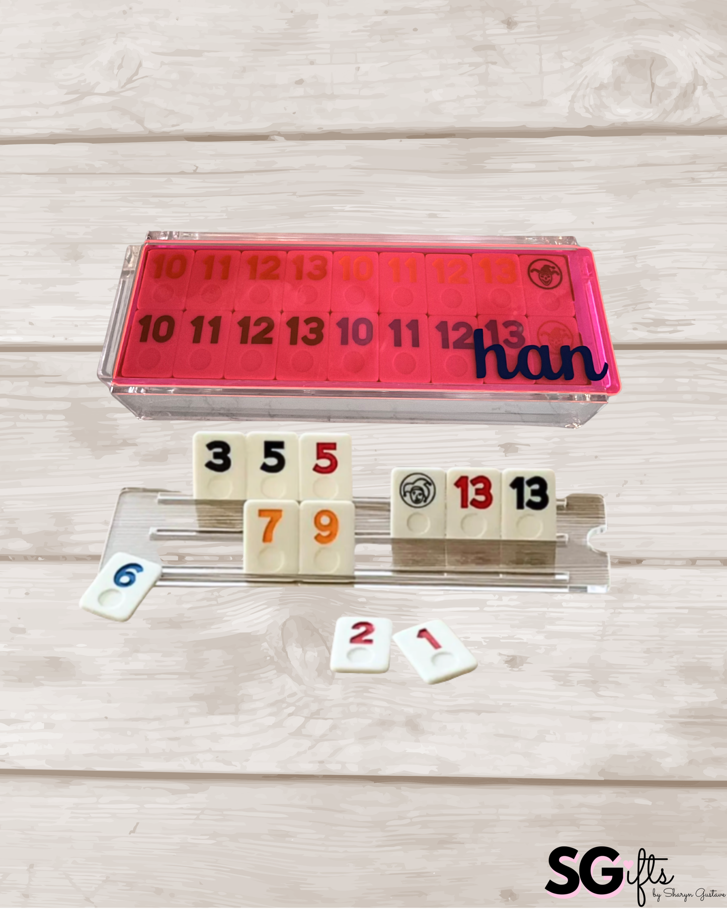 Personalized acrylic rummikub set - transparent pink