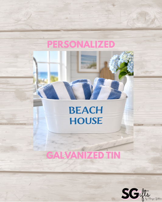 Personalized 12" white galvanized catch all tin - Beach House