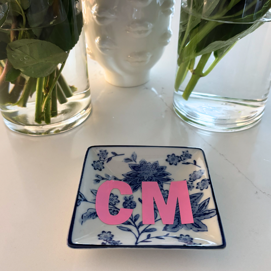 Personalized 4"x 4"  ceramic floral jewelry tray