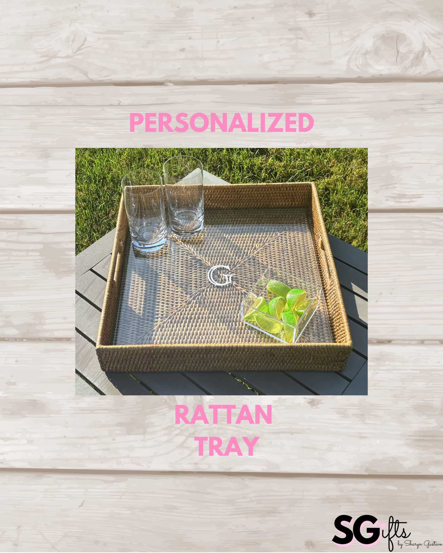 Personalized 16" rattan square tray with glass insert