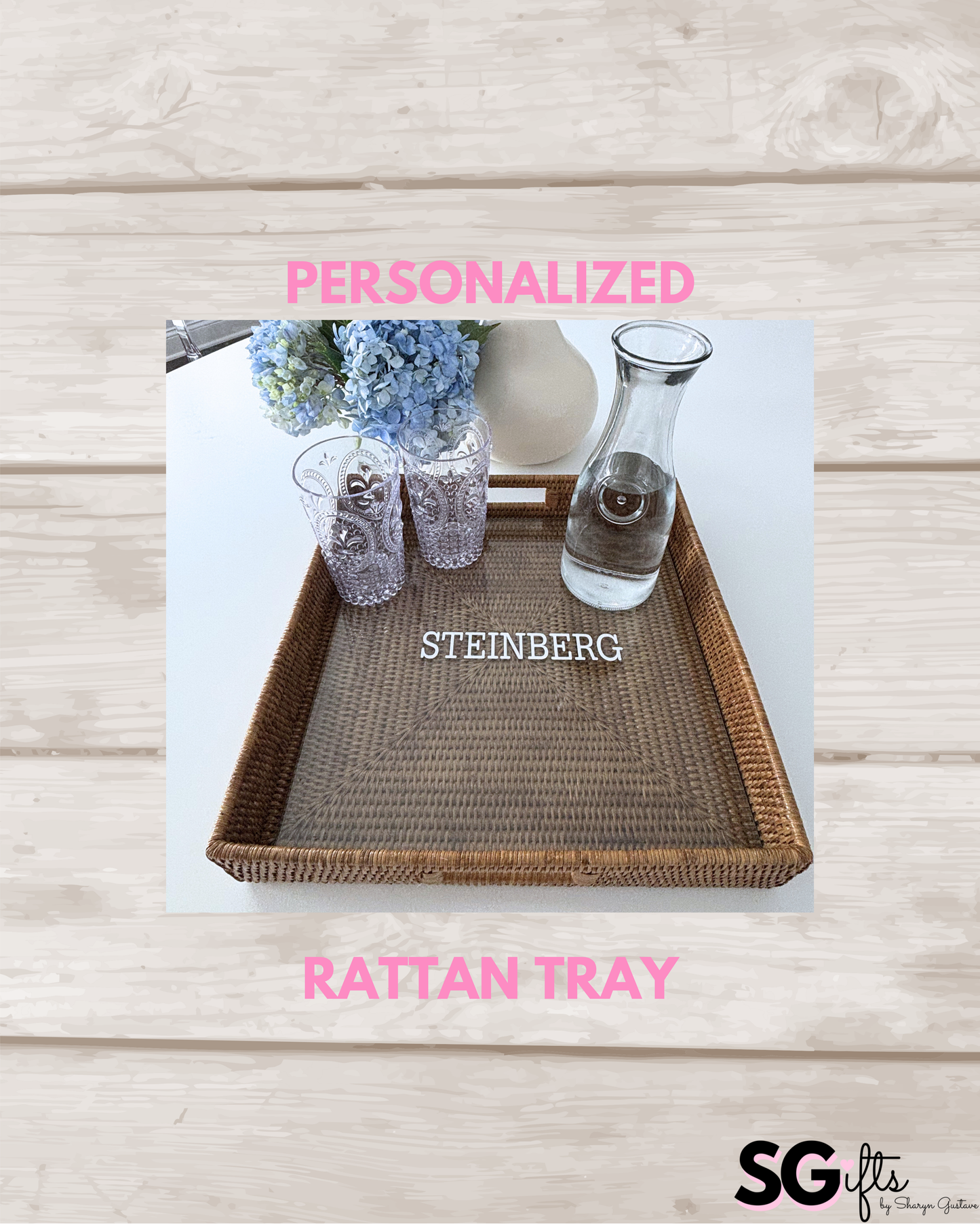 Personalized 16" rattan tray with glass insert
