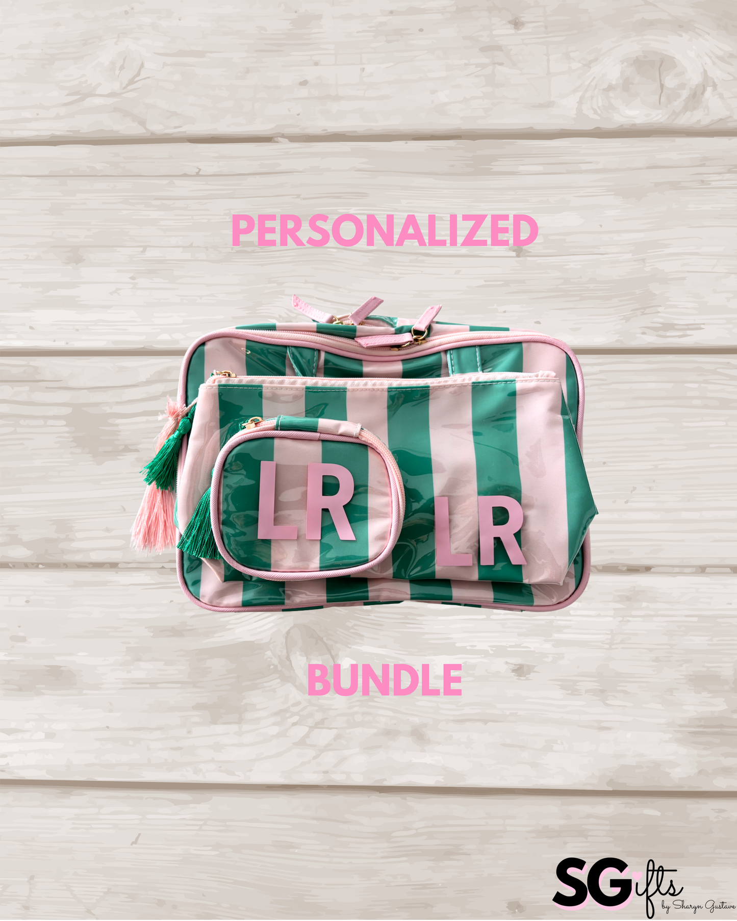 Personalized coated travel makeup and jewelry bag bundle- pale pink/ green