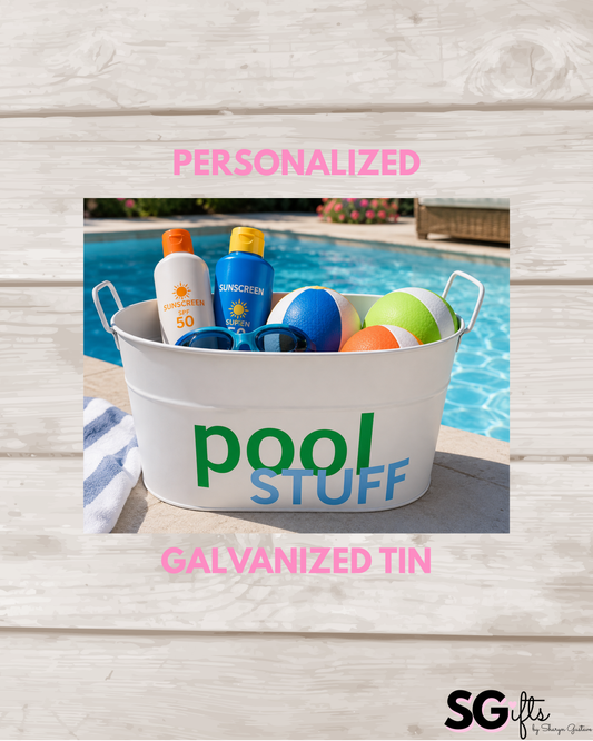 Personalized 12" white galvanized catch all tin - POOL STUFF