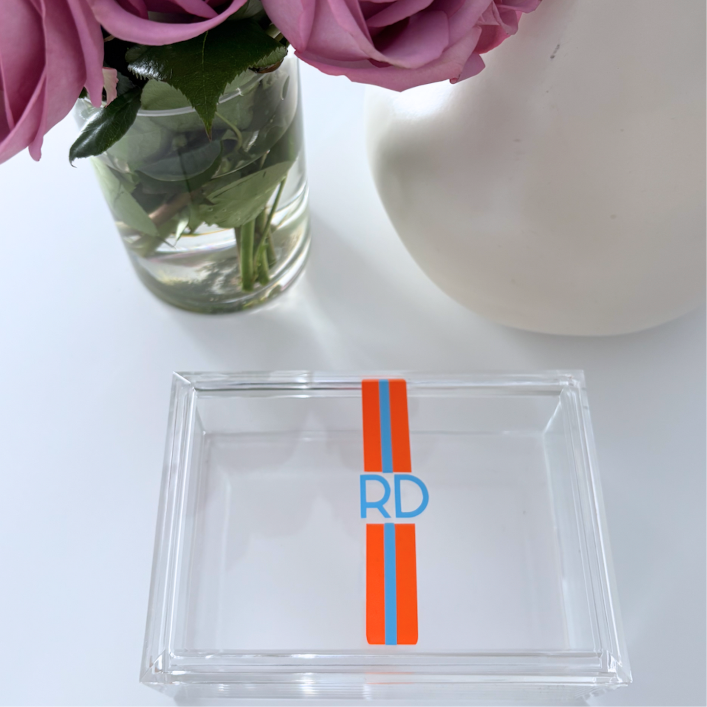 Personalized 4" x 6" clear acrylic catchall jewelry box with removable top