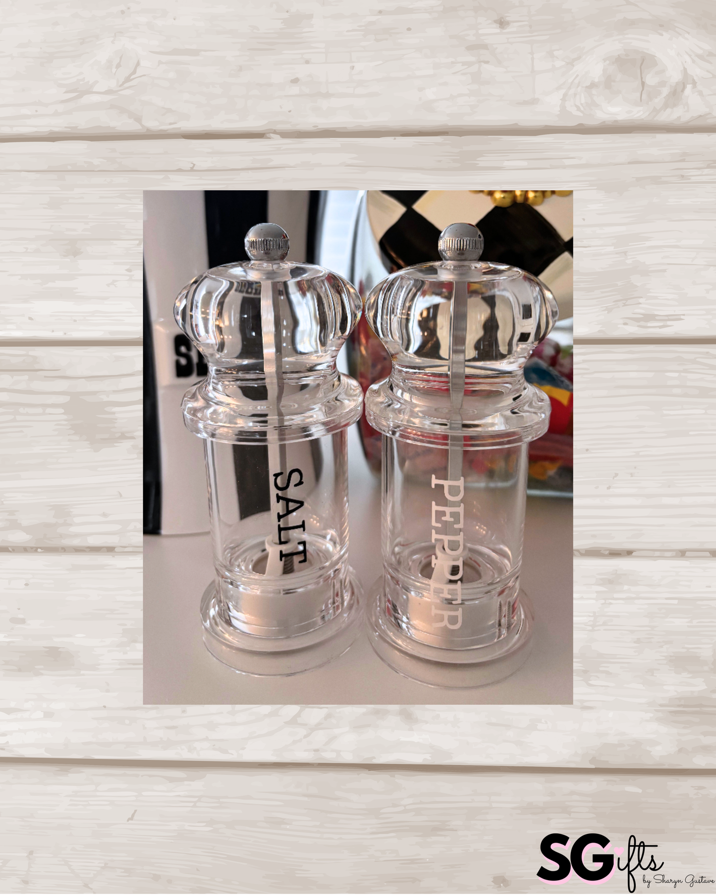 Personalized acrylic 2.3" x 2.3" x 5" salt and pepper shakers- sold as set