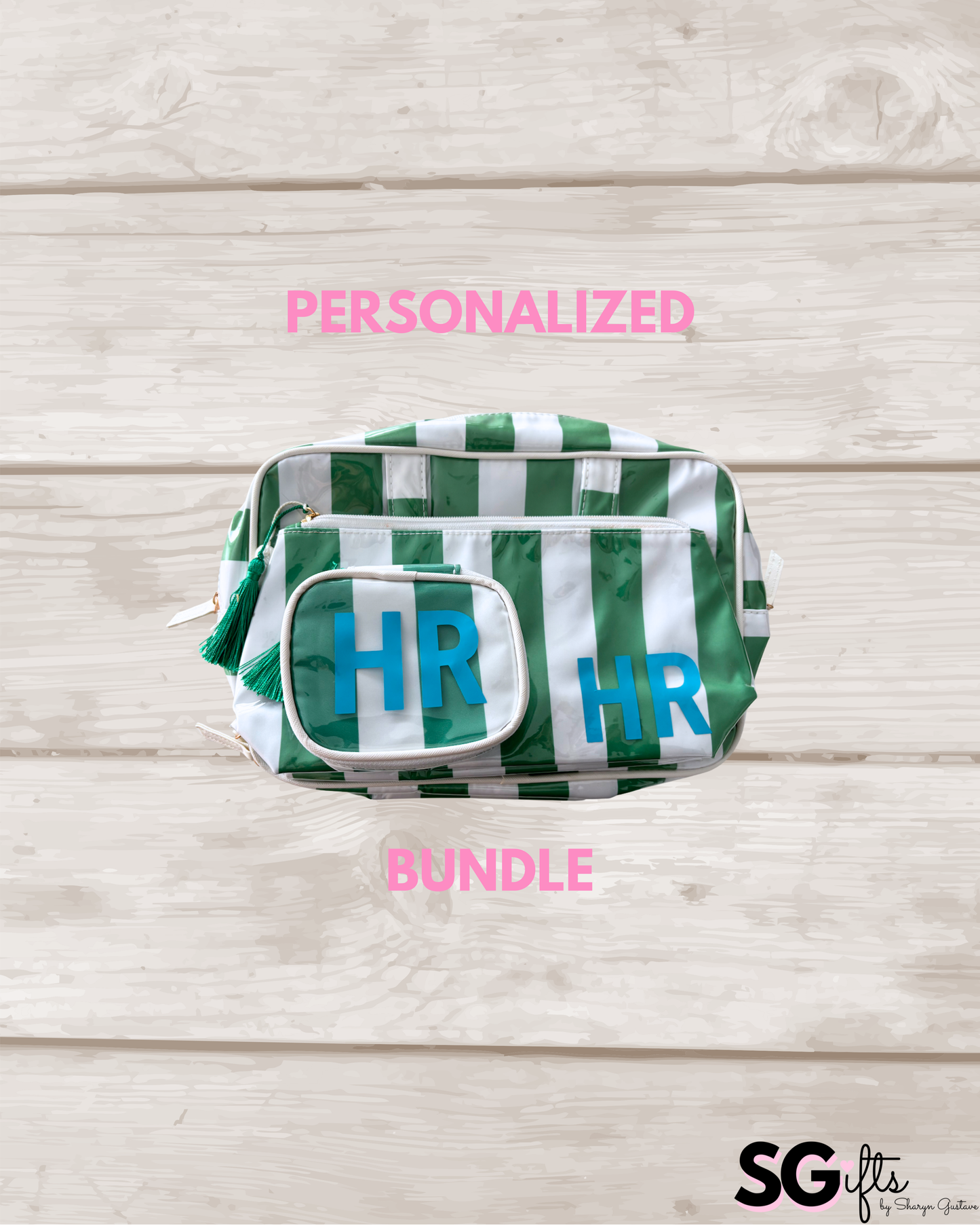 Personalized coated travel makeup and jewelry bag bundle- pale pink/ green (Copy)
